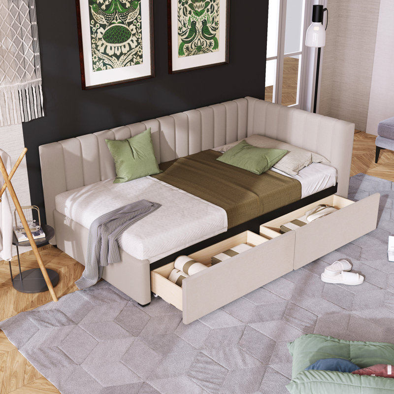 Upholstered Daybed With 2 Storage Drawers Twin Size Sofa Bed Frame No Box Spring Needed, Linen Fabric, Beige