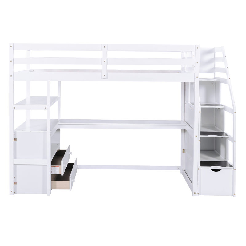 Lit mezzanine simple avec bureau et tablettes, deux tiroirs intégrés, escalier de rangement, blanc