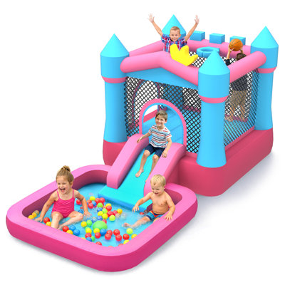 MUKIDY Bounce Castle for Kids-Inflatable Bounce House with Slide&Pool, Jumping Bouncy House with Blower,Basketball Hoop&Ball Pit, Toddler Bouncy Castle for Outdoor/Indoor Backyard Birthday Party Decor-Pink