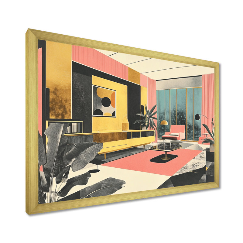 Maison moderne en collage pop I - Tableau rétro rose encadré, 30" H x 40" W, Gold Picture Framed