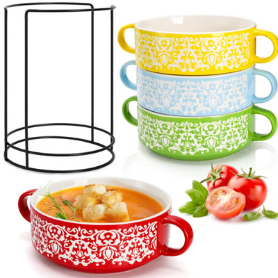 Set Of 4 Ceramic Soup Bowls With Handles, 20 Oz Multicolor French Onion Soup Bowls With Organizer Rack, Stackable Soup Serving Crock