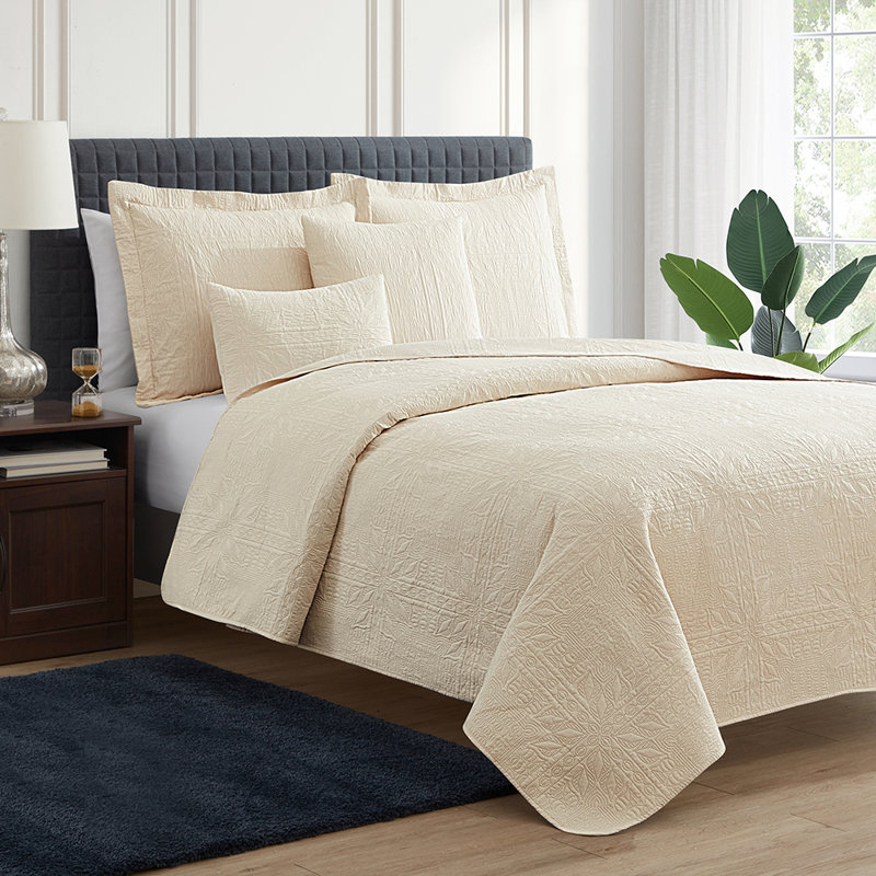 Grid Weave Premium Microfiber Reversible Quilt Set, King Quilt + 4 Shams, Beige Cream