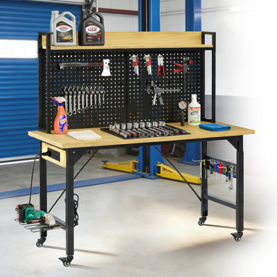 Banc de travail réglable, capacité de 1 600 lb, avec panneau perforé et prises AC / USB, banc de travail en bois robuste avec roulettes et tablette de rangement, pour garage atelier
