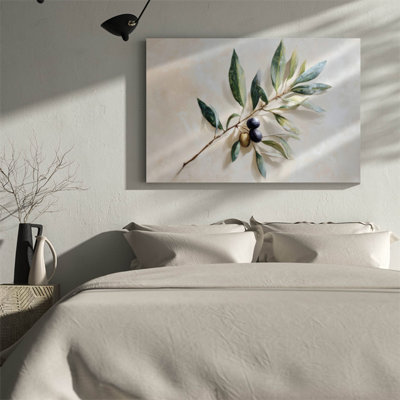 Canvas Wall Art, Olive Branch With Leaves And Olives In Realistic Oil Painting Style, Gallery Wrapped Canvas Print With Wooden Stretcher Frame, Ready To Hang Botanical Wall Decor For Kitchen Dining Room Living Room, 24 x 36 Inch