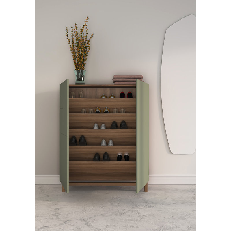 18 Pair Shoe Storage Cabinet, Green/Noyer