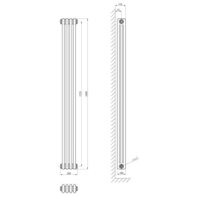 Uxbridge Vertical Traditional Colosseum Radiator, White, 1800mm H x 200mm W x 130mm D