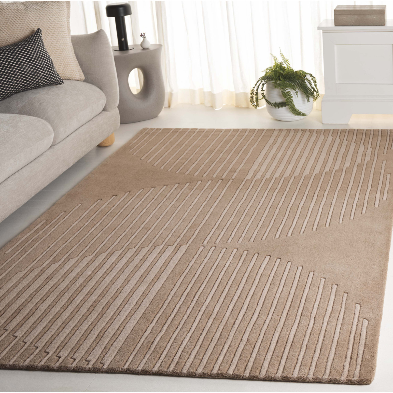 Beige Hand-Tufted Striped Wool Rug, Rectangle 5' x 8'