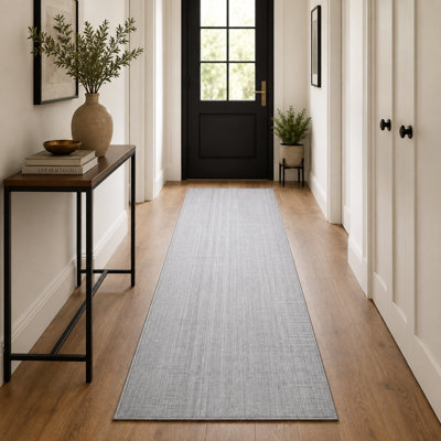 Tapis de couloir gris clair en laine et bambou tissé à la main | Tapis de couloir Modern