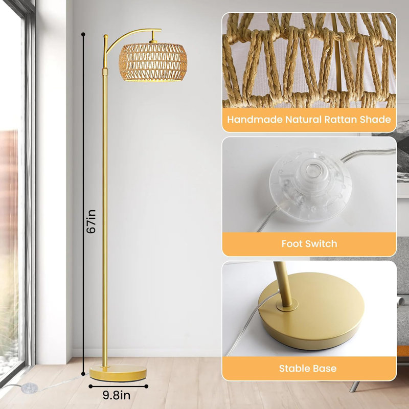 Remote Control Dimmable Floor Lamp With Rattan Shade, Adjustable Brightness & Color Temperature, Sturdy Metal Base For Living Room, Bedroom, Office - Farmhouse, Boho Style