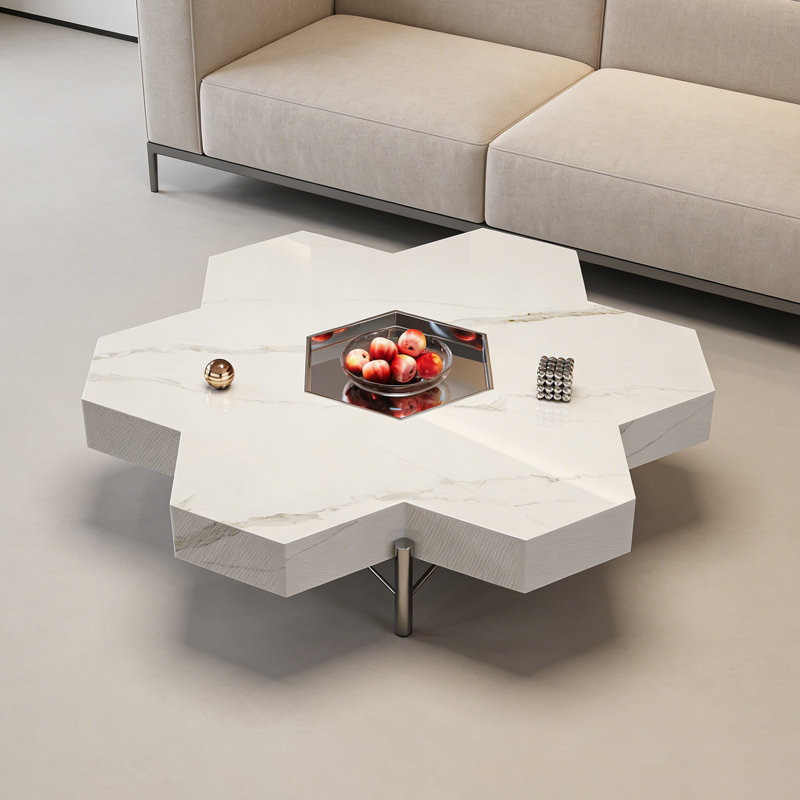 Table basse moderne en ardoise avec plateau en métal, H 13,77 po x L 43,3 po x l 43,3 po, Blanc / gris clair