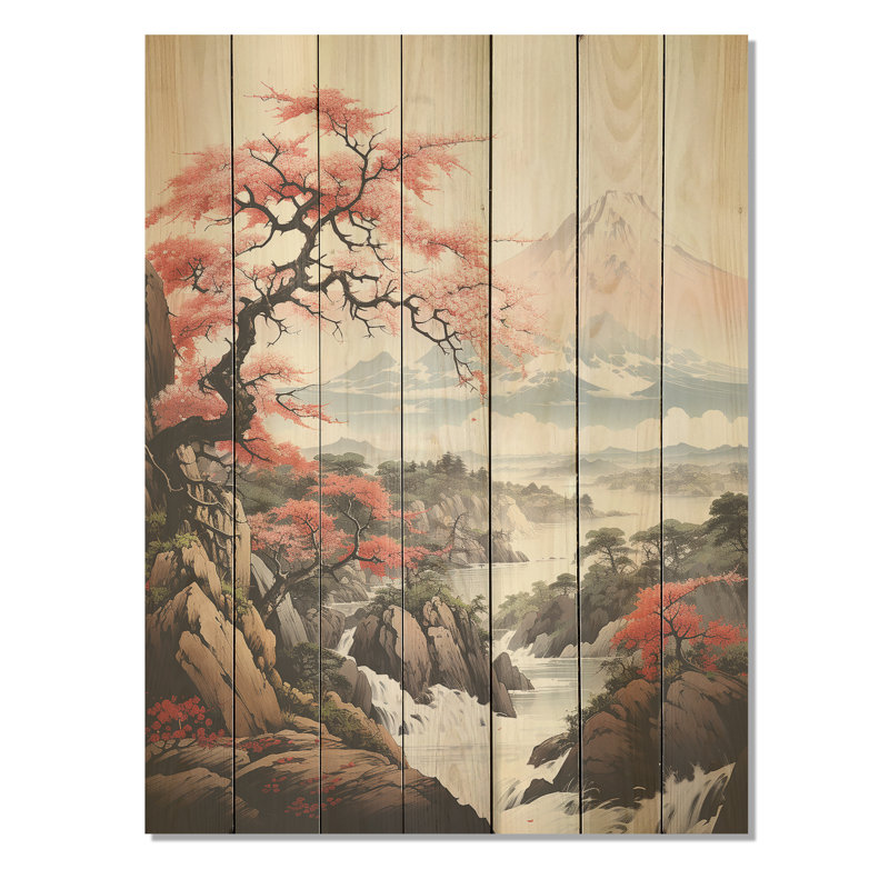 Fleurs de cerisier roses du printemps japonais - impression sur bois, H 44 po x l 34 po