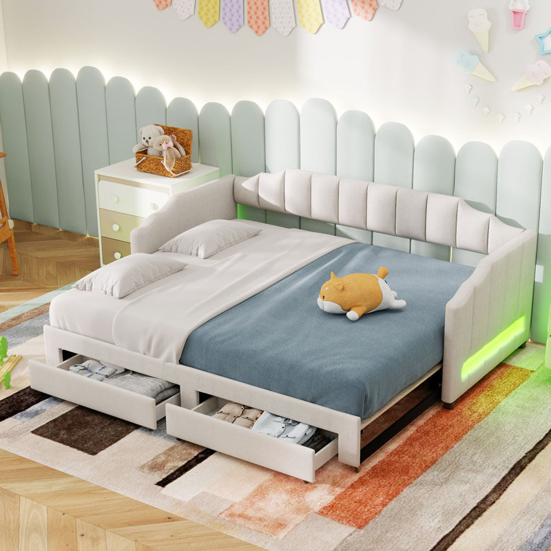 Upholstered Daybed with Expandable Design, Drawers and LED, Beige