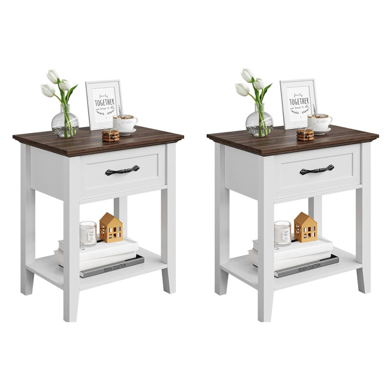 Table de bout avec tiroir, table d'appoint pour le salon, Blanc / Brun, Individuel
