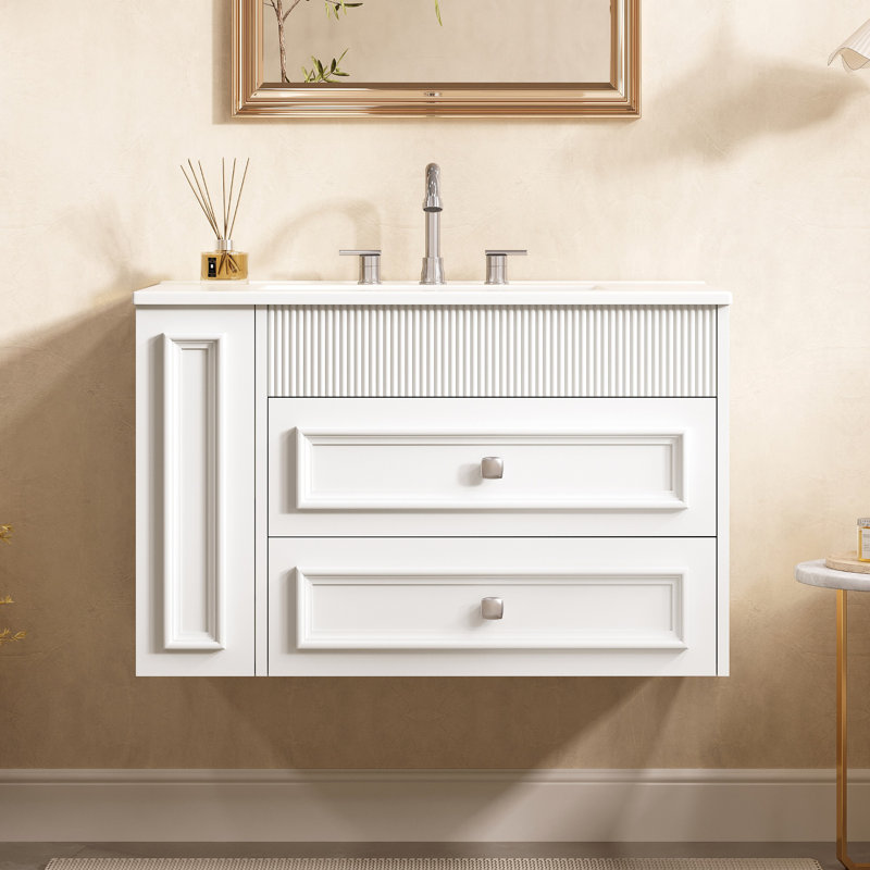 Meuble-lavabo mural de 30 po, armoire de rangement flottante avec 2 tiroirs, lavabo simple en céramique à 3 trous, armoire moderne.