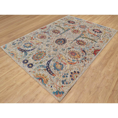 6'3"x9'1" Beige Silk Textured Wool Sickle Leaf Design Hand Knotted Rug DF0736FA92E843AD81EDBFB60C7A3D95