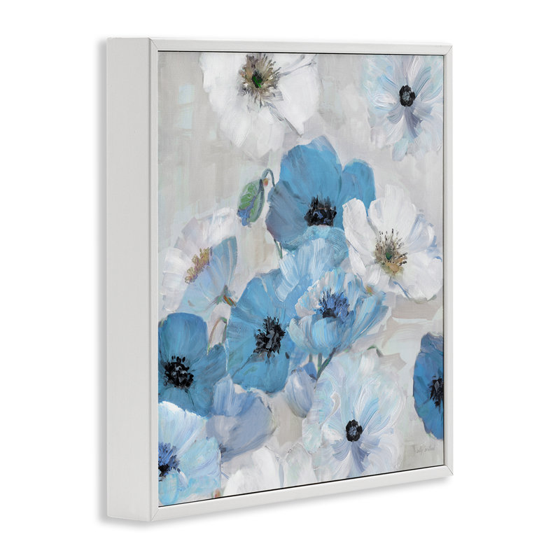 Fleurs bleues et blanches, estampe numérique par Sally Swatland, Giclée encadrée blanc bord de mer, H 24 po x l 24 po