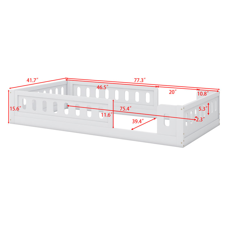 Wood Platform Bed With Guardrail, Blanc