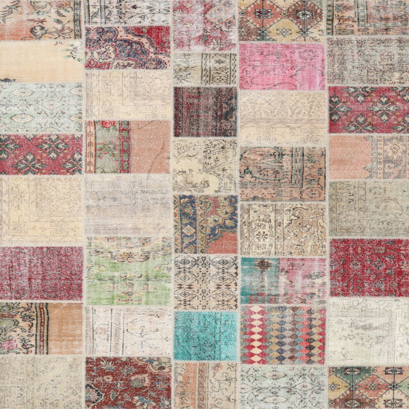 Tapis gris/rose/beige contemporain, Carré 7 pi