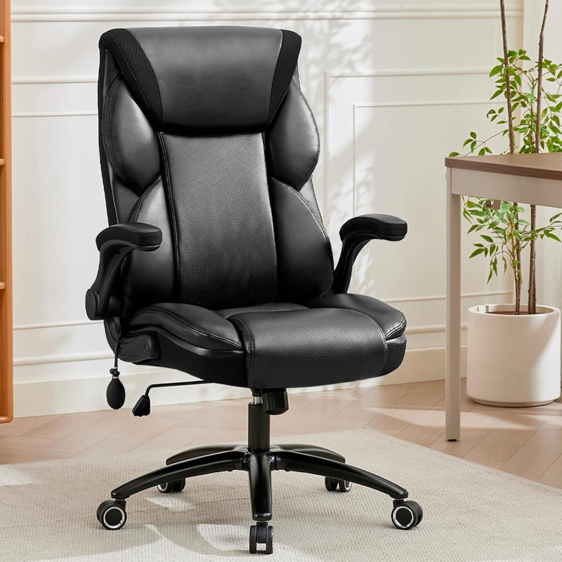 Executive Office Chair - Adjustable Inflatable Lumbar Support, Flip Up Arms, Heavy Duty Metal Base, Breathable PU Leather Ergonomic High Back Computer Chair Desk Chair, Thick Padded | Black