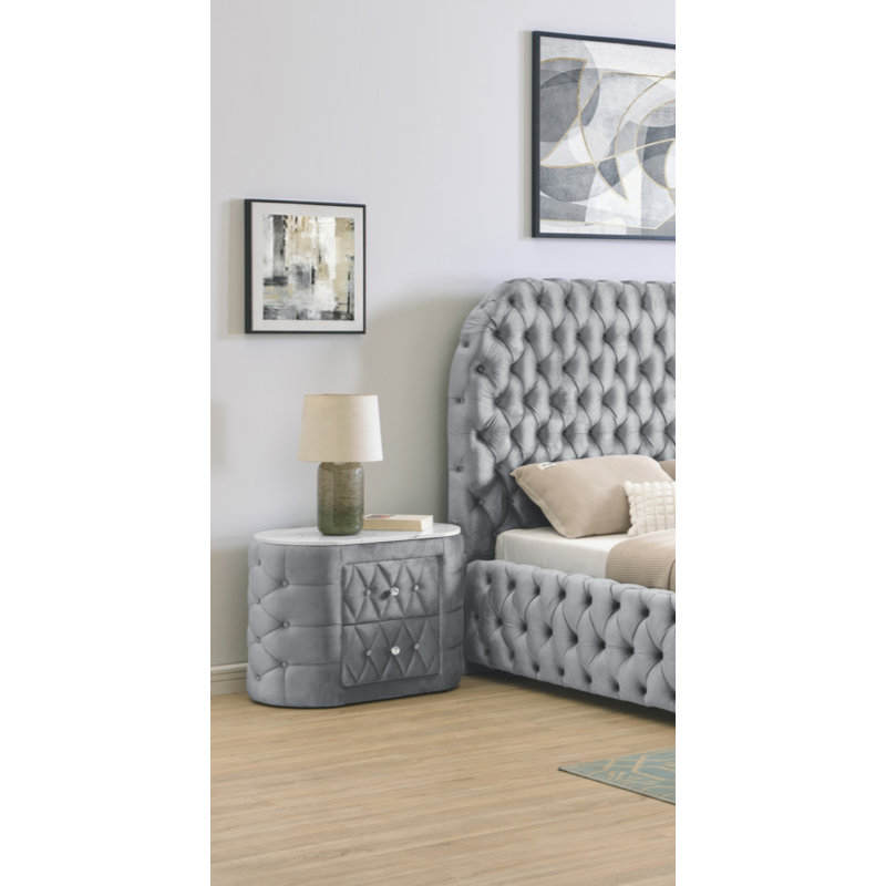 1pièce table de chevet ovale en faux marbre à 2 tiroirs avec bouton de rangement capitonné, Gris