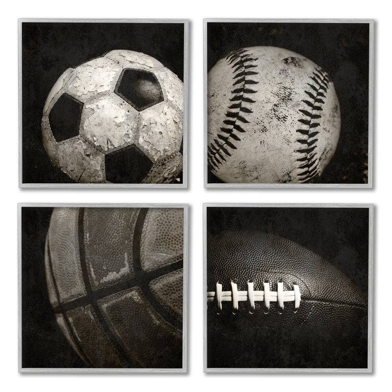 Reproduction de balles de sport encadrées sur bois, 4 pièces, par A4 Allen, Estampe numérique Farmhouse
