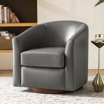 Amiir 30.5'' Wide Genuine Leather Swivel Barrel Chair With Solid Wood Base