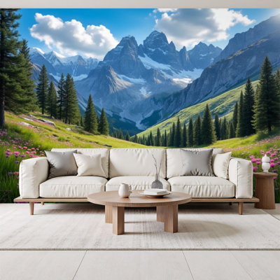 Paysage, papier peint à peler et coller, paysage de montagne, forêts de pin, fleurs sauvages, prairie, ruisseau, peintures murales, 69 po x l 96 po, amovible, papier peint en PVC, peintures murales auto-adhésives, décoration pour le salon de la chambre à coucher