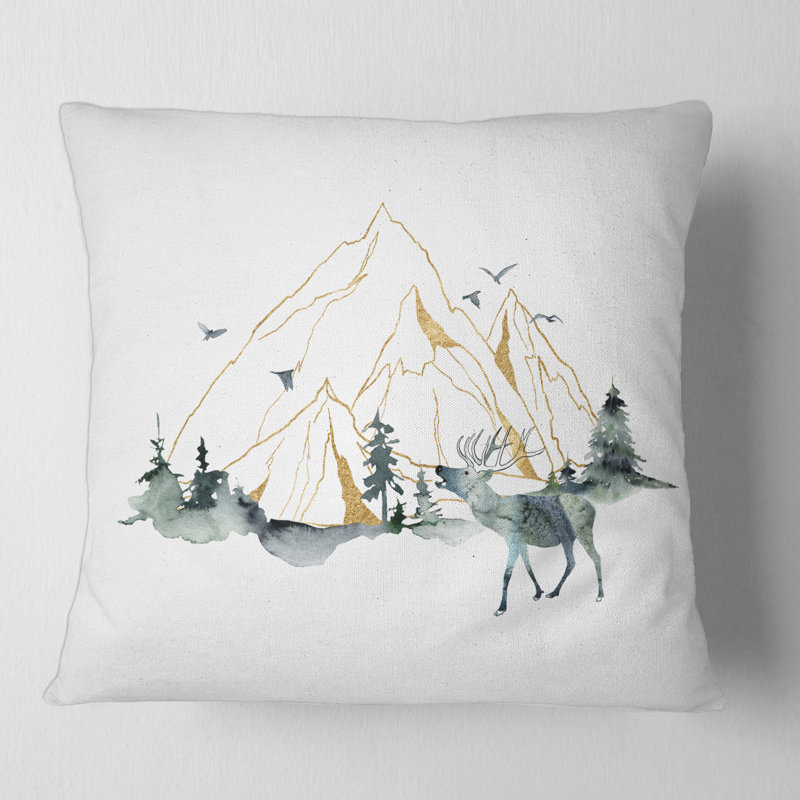 Housse de coussin carrée et insert Minimalistic Landscape of Forest Mountains and Deer, 18" x 18"
