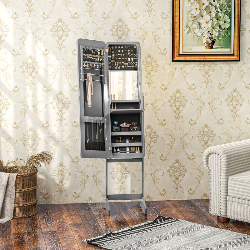 Armoire à bijoux autoportante à miroir avec lumières DEL et support