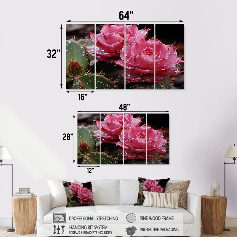 Cactus rose en fleurs - Cactus 4 pièces, décoration murale, H 28 po x l 48 po