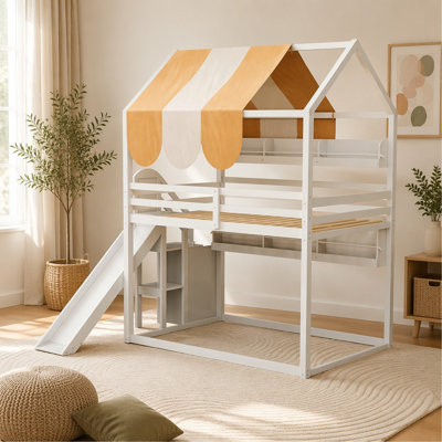 Full Size Bunk Bed with Canopy, Slide & Built-In Bookshelves, white