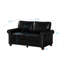 Canapé en similicuir noir, construction robuste, assise confortable, capacité de charge de 272 kg, montage facile, clous décoratifs, rangement intégré. Structure solide.