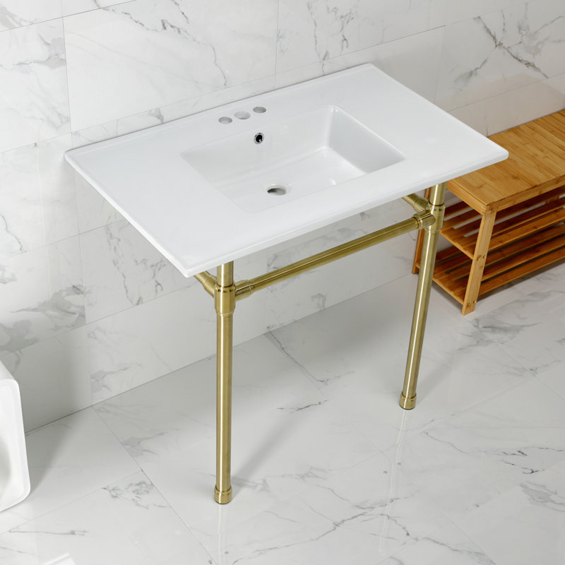 Kingston Brass Dreyfuss 37-Inch Ceramic Console Sink with Stainless Steel Legs (4-Inch, 3-Hole), White/Brushed Gold