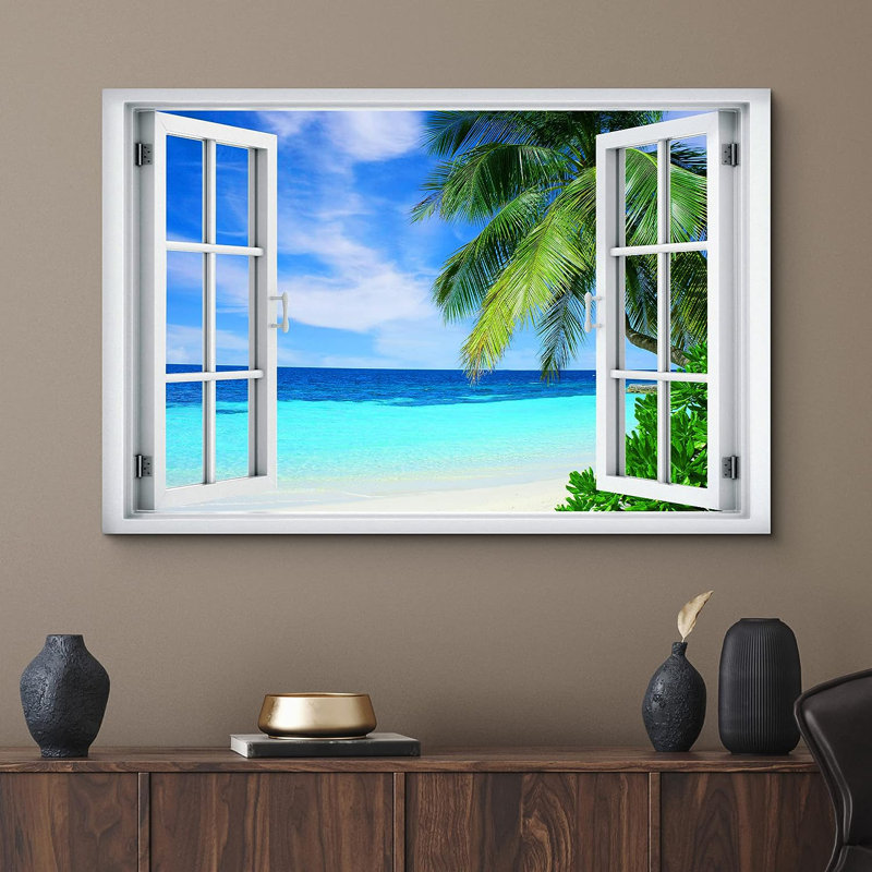 Fenêtre, bleu sarcelle, plage bleue, île tropicale, nature sauvage, sur toile, H 12 po x l 18 po x P 1,5 po