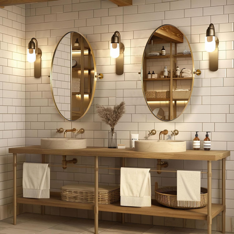  Tilting Oval Bathroom Vanity Wall Mirror | Adjustable Pivot Stainless Steel Frame, Brushed Gold, 30" x 22"
