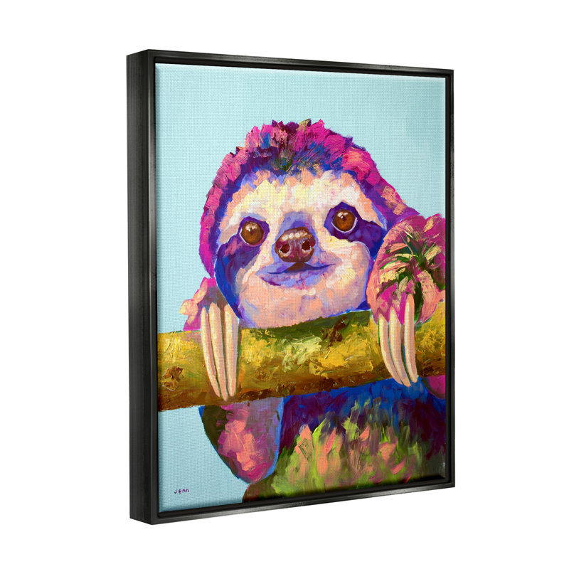 «Happy Sloth», animal sauvage audacieux - peinture, Cadre flottant noir de jais, H 21 po x l 17 po x P 1,7 po
