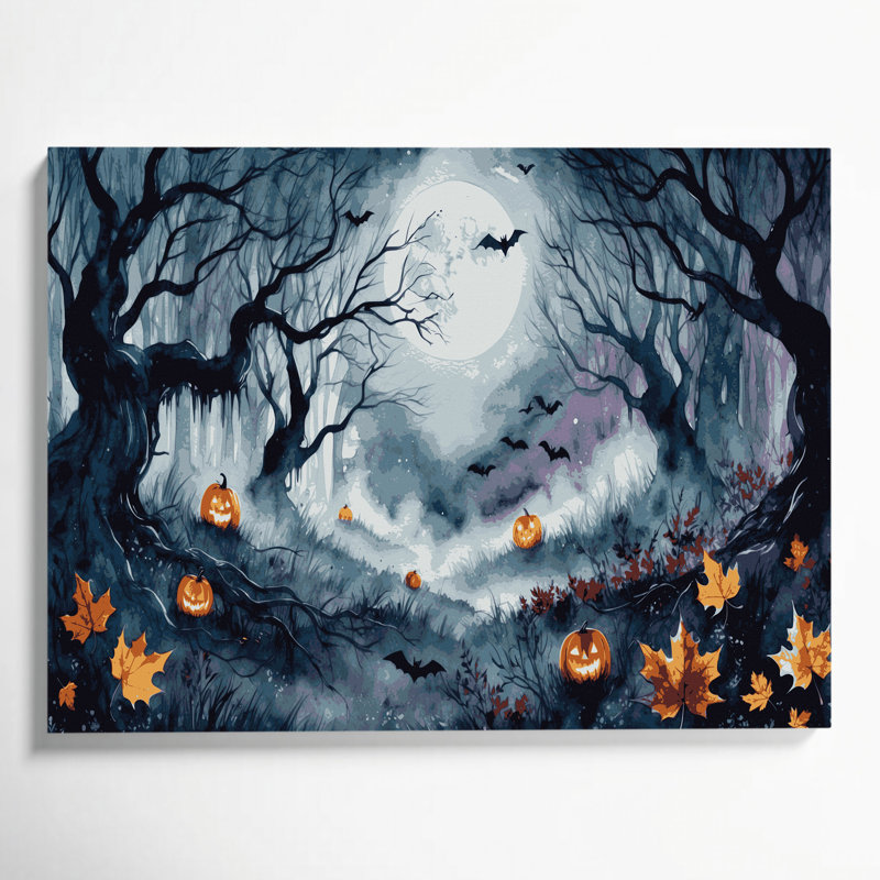 Halloween, aquarelle, scènes d'Halloween, toile grise, art mural, H 24 po x l 36 po