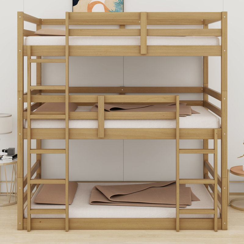 Triple lit superposé détachable en bois - 2 échelles intégrées et garde-corps de sécurité, Chêne blanc