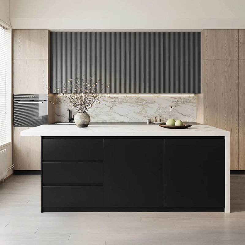Îlot de cuisine 72 po avec rangement, armoire de cuisine avec coin salon, Noir, Manufactured Wood
