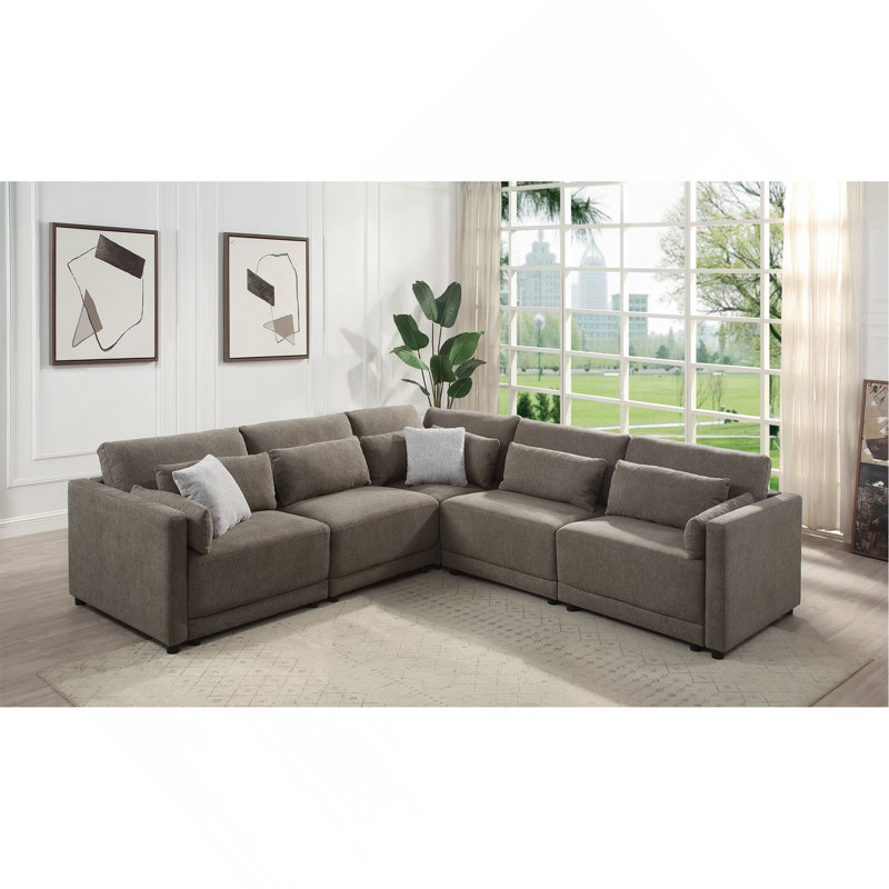 Canapé modulaire en lin brun avec coussins 5 pièces Rylie