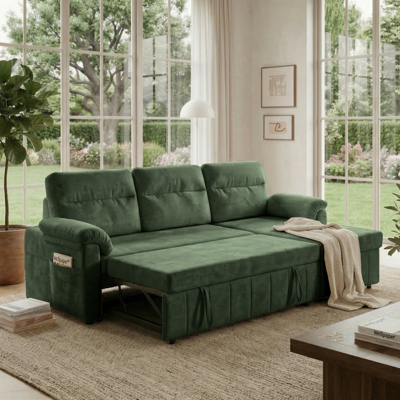 Canapé-lit rembourré en L de 81 po avec rangement et USB, Vert
