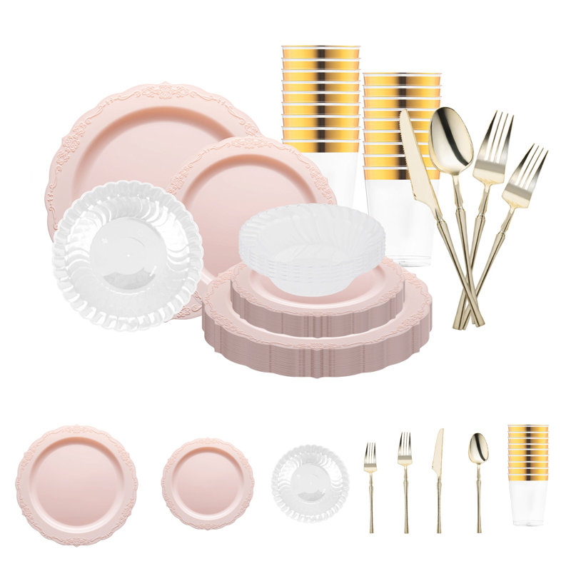 Pink Vintage Disposable Plastic Tableware Set - 120 Settings