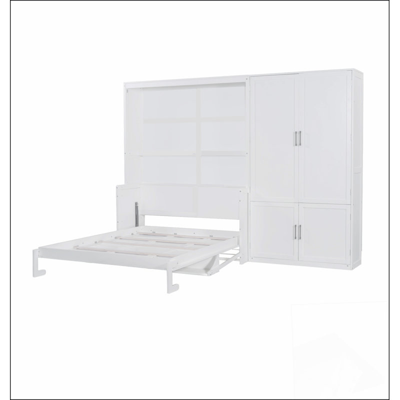 Grand lit escamotable mural avec placard, blanc, Blanc