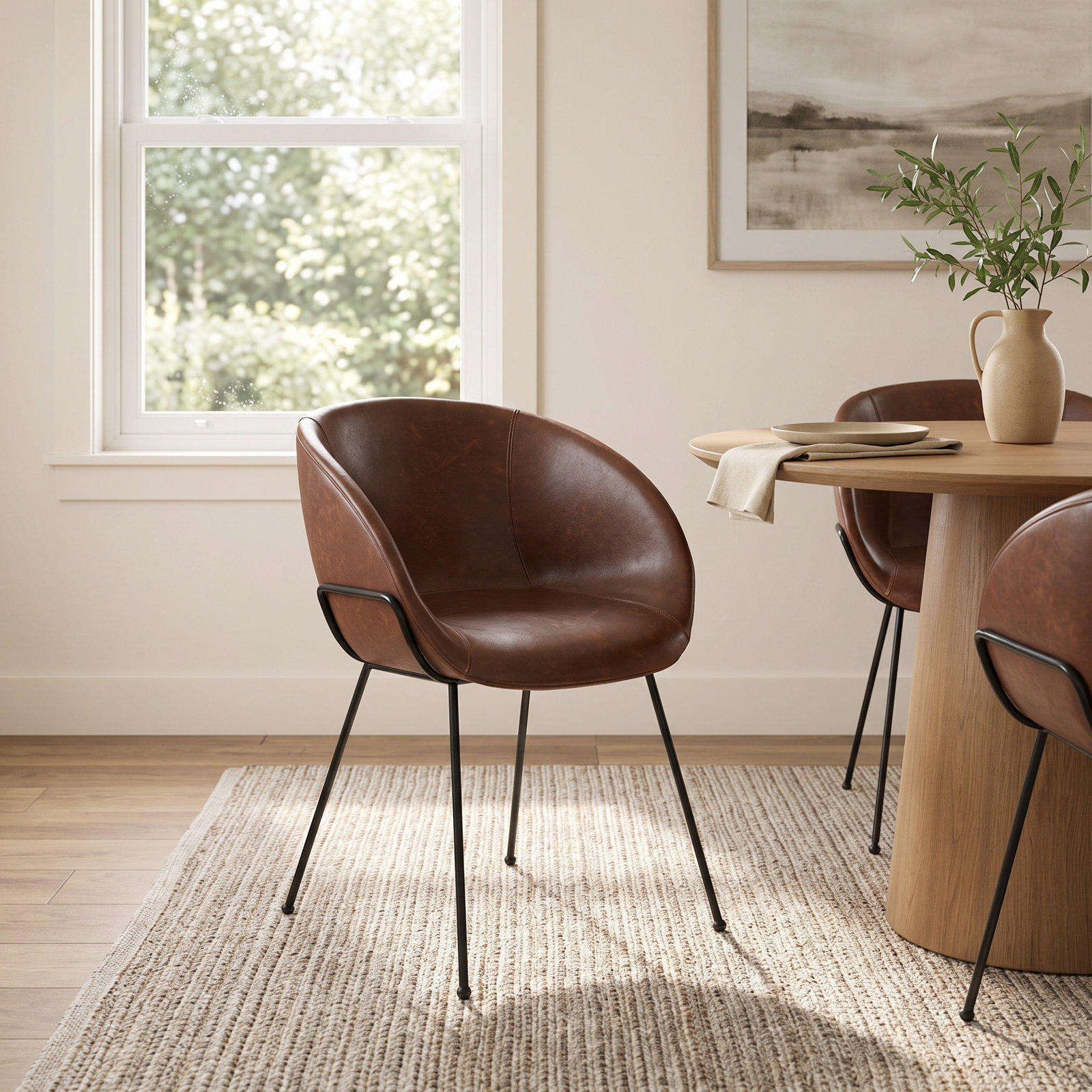 Ardea Dining Armchair, Dark Brown Faux Leather, Matte Black