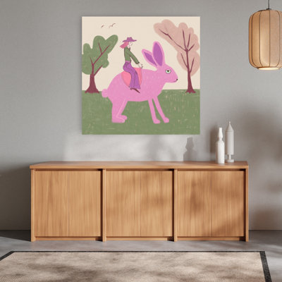 Rabbit Cowgirl Western Pink Whimsical Contemporary Cow Rabbit Forest Wall Art Print 1 Piece Wrapped Canvas Wall Art