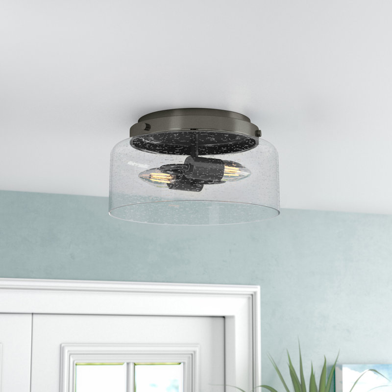 Hartland 2 -Light 11.5" Flush Mount Drum Light with Seeded Glass Shade, Indigo Blue