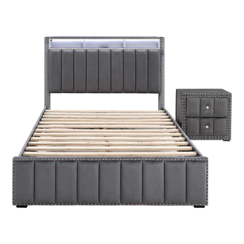 Ozara 2-Piece Bedroom Set With Charging Stations, Gray, Queen, 2 Pieces: Bed, Nightstand
