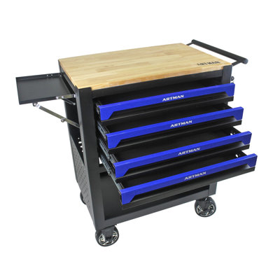 Armoire à outils roulante à 4 tiroirs avec roulettes - Chariot de rangement mobile robuste avec plateau en bois de chêne et tiroirs verrouillables, noir