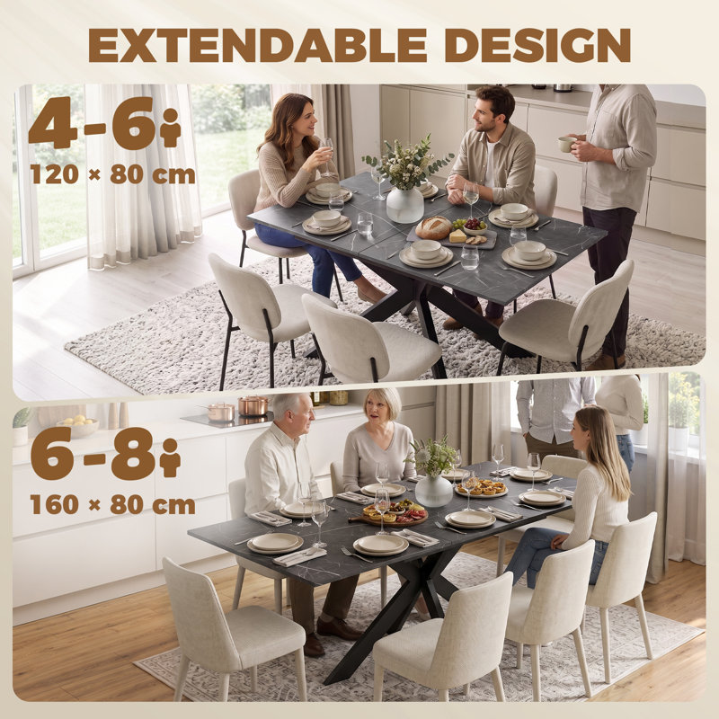 Extendable Dining Table for 4-8 People, Black Marble Effect, Black