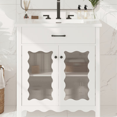 Armoire de salle de bain moderne de 31 po avec rangement spacieux, lavabo en céramique lisse et verre trempé à rayures verticales pour un verre intégré lumineux de 31 po, charnières à fermeture en douceur silencieuses